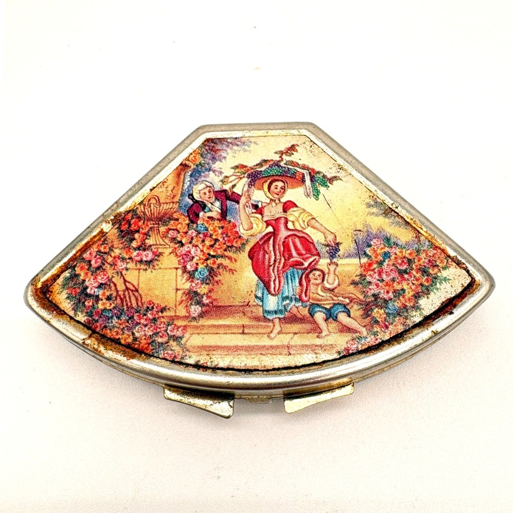 Vintage Fan Shaped Pill Box Victorian Garden Scene Silver Tone Trinket Case